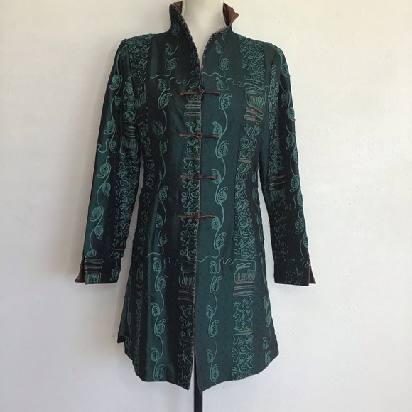 Miniye Jackets & Blazers - MINIYE ASIAN WOMEN ELEGANT TEAL GREEN EMBROIDERED FLORAL DESIGN SILK COAT SZ XL